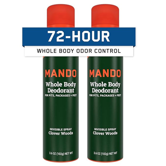 Mando Whole Body Deodorant For Men - Invisible Spray Deodorant - 72 Hour Odor Control - Low Irritation Formula - Aluminum Free, Benzene Free - 3.6 ounce Cans (Pack of 2) - Clover Woods