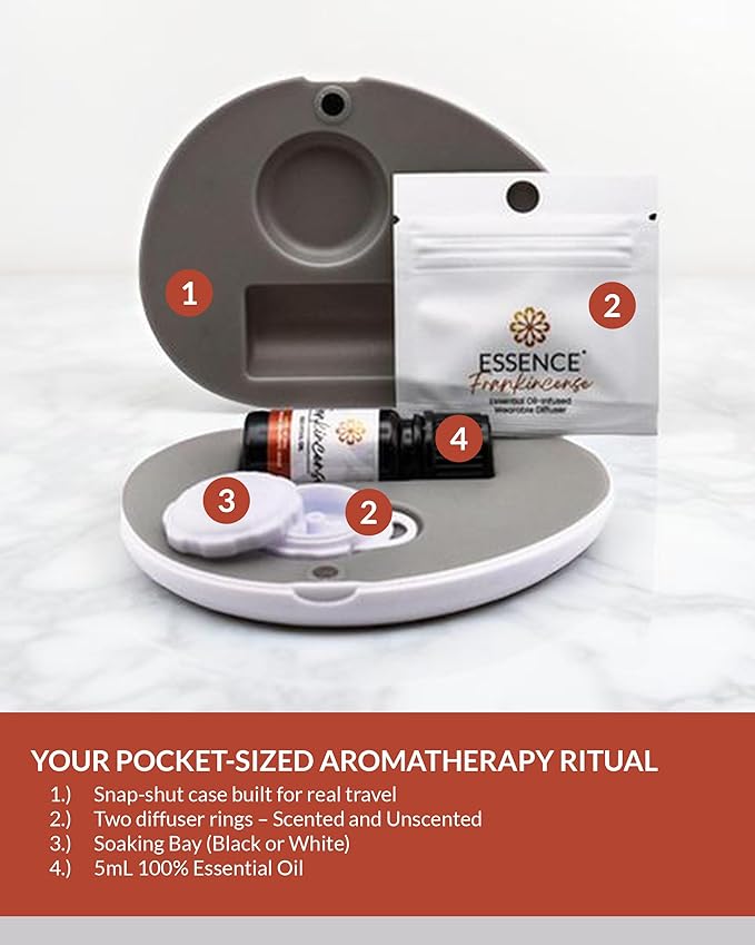 Essence Pearl Travel Case - Wearable Aromatherapy Kit with Nasal Diffuser Rings, Soaking Bay, and 5mL Essential Oil – Portable Wellness Gift Set for On‑The‑Go Self Care