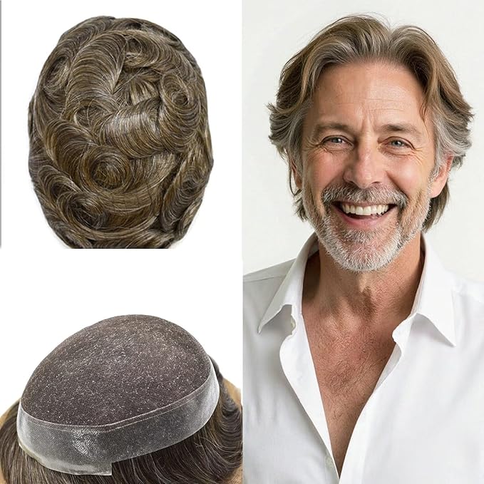FACE MIRACLE Hair System for Men French Lace Mens Toupee Human Hair Replacement System Lace with PU Toupee for Men Male Hair Piece Wigs 6"X9" #530 5# MEDIUM LIGHT BROWN WITH 30% SYNTHETIC GREY