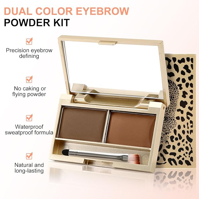 Boobeen Eyebrow Powder Kit, 2-color Waterproof Eyebrow Palette Makeup to Definer & Filler Brows, Eyebrow Color Powder Shape Natural Looking Brow - with Mirror Brush