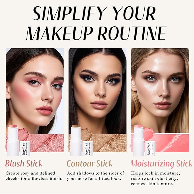 KIMUSE Face Sticks Trio, Cream Blush Stick & Highlighter Stick & Contour Stick for Sculpt the Cheeks, Long Lasting Cream Contour Stick Trio for Face Makeup, with Brush