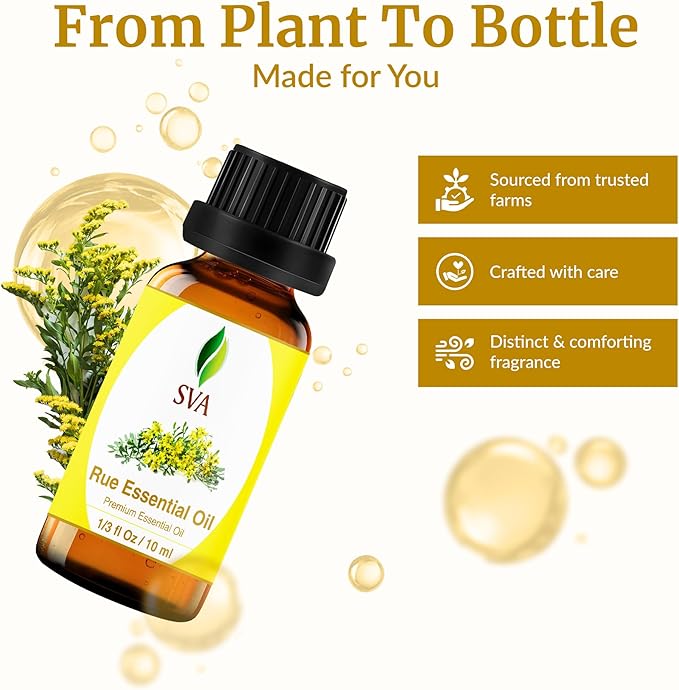 SVA Rue Essential Oil – 1/3 Fl Oz – 100% Natural Rue Oil - for Diffuser, Hair Care, Face, Skin Care, Aromatherapy, Scalp and Body Massage, Soap and Candle Making