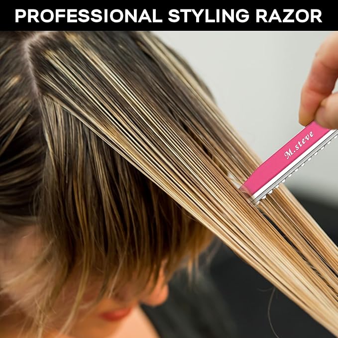 Hair Razors For Cutting Hair 6.89",Hair Cutting Razor Professional Texturizing Cutting Razor with Replacement Stainless Steel Blades,Ideal for Salon/Home -11PCS Pink
