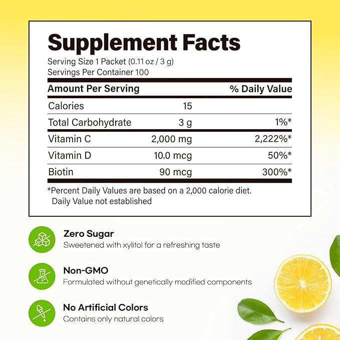 Vita Pop Vitamin C 2,000mg Korean High-Potency Daily Portable Zero Sugar Lemon Flavor Vitamin D & Biotin for Adults & Kids – Vitamin C Supplement for Immune Support, 100 Packets