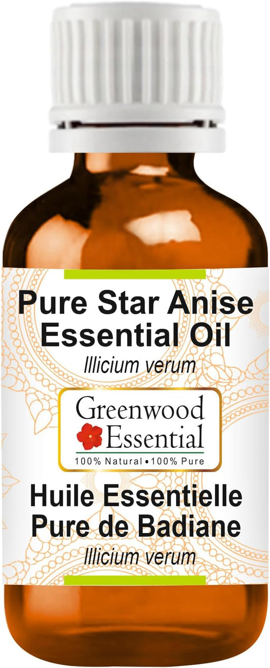 Greenwood Essential Star Anise Essential Oil (lllicium verum) Pure | Non-Sticky | Non-Greasy | Lightweight | Men & Women | All Skin Types | Steam Distilled 30ml (1 oz)