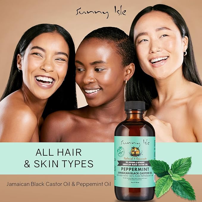 Sunny Isle Jamaican Black Castor Oil with Peppermint 4oz | Promotes Longer, Thicker, Hair | Soothes Dry Itchy Scalp | Moisturizes Skin & Helps with Eczema, Psoriasis and Muscle Aches