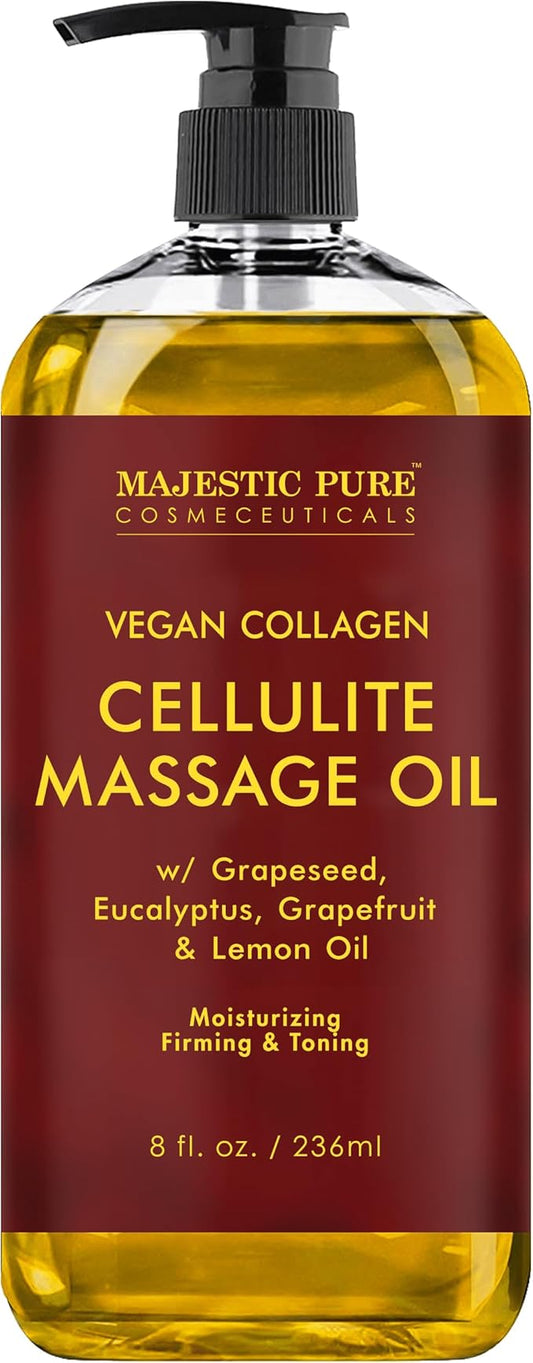 Majestic Pure Anti Cellulite Massage Oil for Massage Therapy - Refreshing, and Relaxing - Natural Oils with Vegan Collagen, Stem Cells & Cellulite Cream - All Skin Types - Men and Women - 8 fl oz