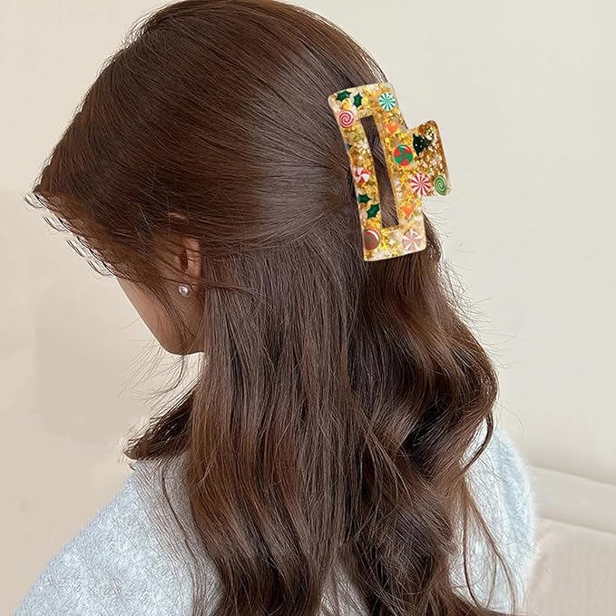 Christmas Hair Clips, Square Hair Claw Clips for Thick/Thin Hair, Yellow Glitter Cane Candy Christmas Tree Design Medium Claw Clips, Strong Hold & Non-Slip Hair Styling Accessories for Xmas 1PCS