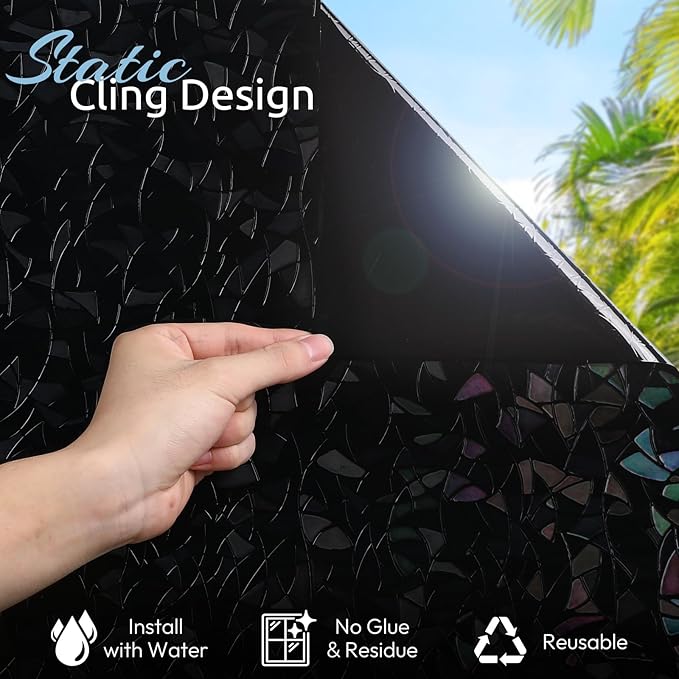rabbitgoo Window Privacy Film Rainbow Film Decorative Window Sticker, 3D Static Stained Glass Cling Tint for Room Darkening Day Sleep, Black, 29.5 x 78.7 inches