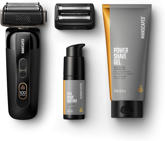 MANSCAPED® The Chairman™ PRO Package - Men’s Electric Face Shaver with Two Interchangeable Blades, SkinSafe® Four-Blade Foil & Stubble Trimmer, Power Shave Gel, Face Shave Soother Aftershave