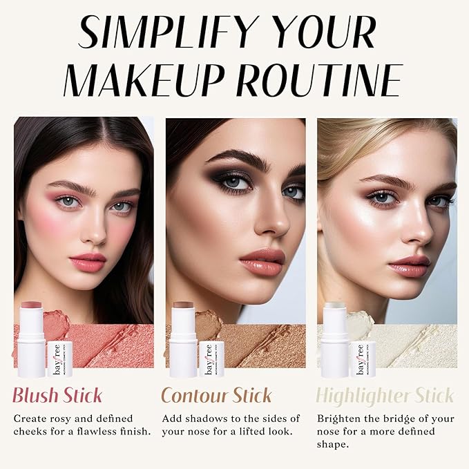 KIMUSE Face Sticks Trio, Cream Blush Stick & Highlighter Stick & Contour Stick for Sculpt the Cheeks, Long Lasting Cream Contour Stick Trio for Face Makeup, with Brush