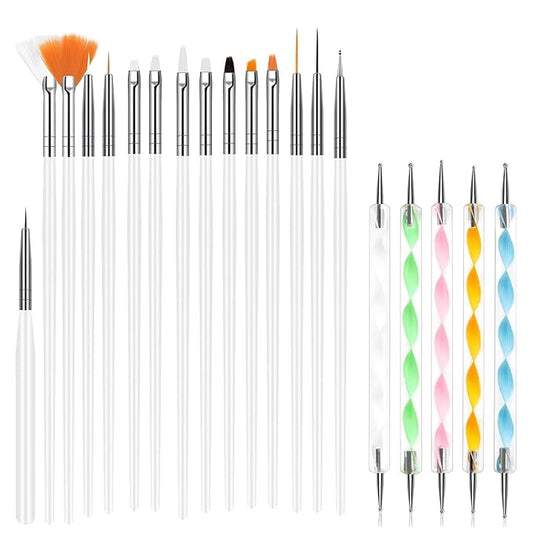 20Pcs Nail Art Brushes Tool Set, Nail Art Double-End Tools, Nail Liner Brushes, Silicone Pen Dotting Pen Tools Nail Art Kit for Home Nail Art DIY Salon Use-White