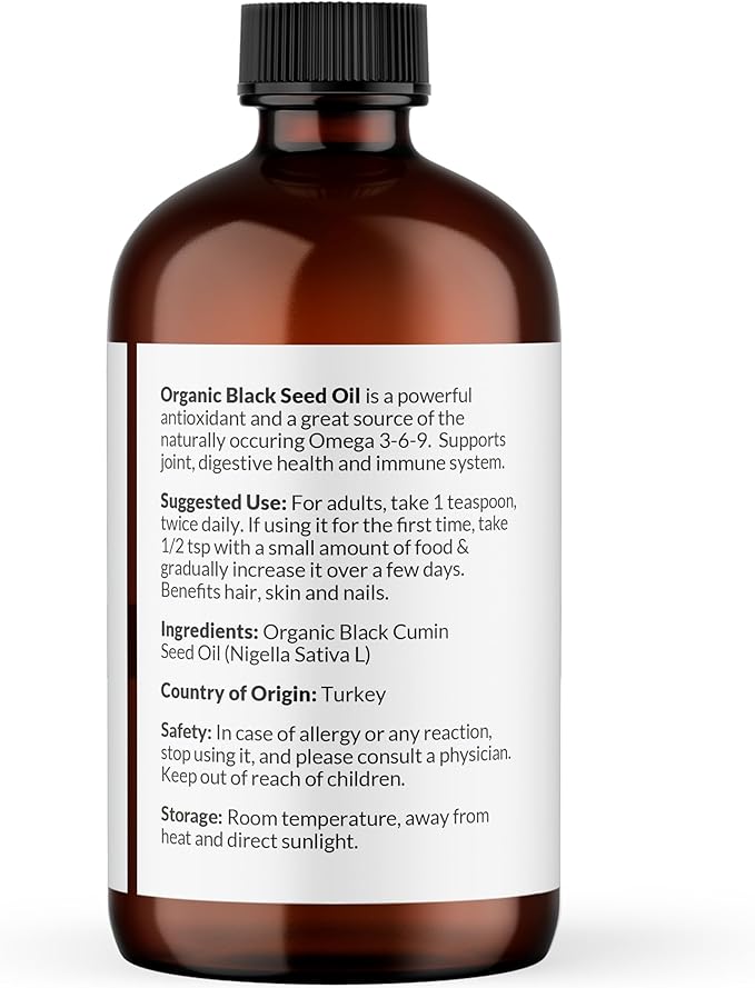 NaturoBliss Organic Black Seed Oil 100% Virgin Cold Pressed Omega 3 6 9 Super Antioxidant for Immune Support, Joints, Mobility, Digestion, Hair Skin Vegan, Gluten-Free, Non-GMO USDA Certified 4oz