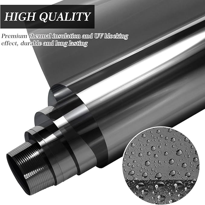 HIDBEA One Way Window Film, Daytime Privacy Sun Blocking Reflective Window Film No Glue Static Cling Heat Control Window Tinting Film for Home and Office, Black Silver, 35.4 x 196.8 Inch