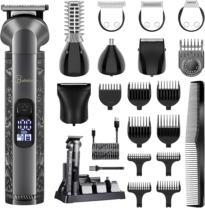 Hatteker 8-in-1 Multi-Functional Grooming Kit for Men Beard Trimmer for Men Hair Clipper Precision TrimmerNose Ear Trimmer Body Groomer Zero-Gap T-Blade, IPX7 Waterproof Cordless Trimmer Set