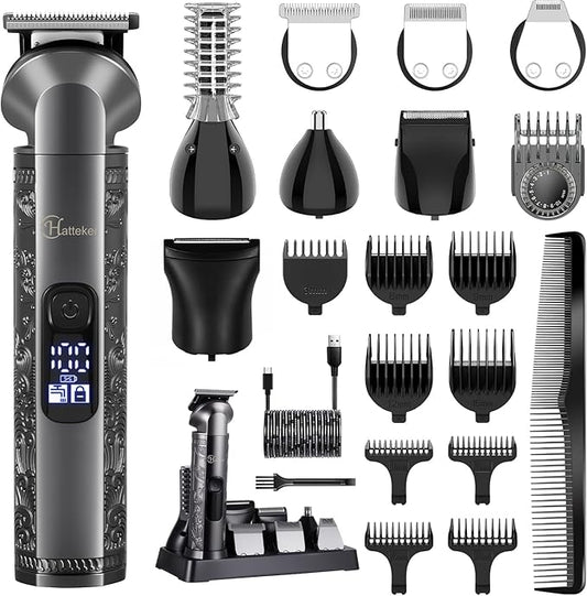 Hatteker 8-in-1 Multi-Functional Grooming Kit for Men Beard Trimmer for Men Hair Clipper Precision TrimmerNose Ear Trimmer Body Groomer Zero-Gap T-Blade, IPX7 Waterproof Cordless Trimmer Set