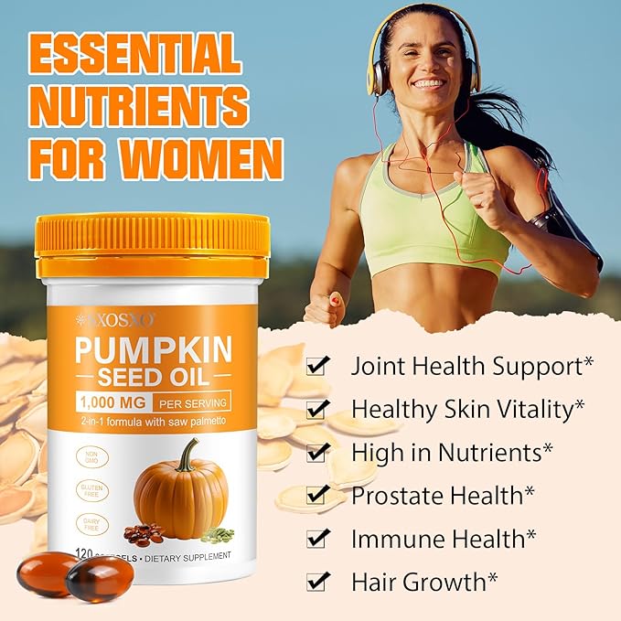 Pumpkin Seed Oil Capsules | Pumpkin Seed Oil with Saw Palmetto Softgels | Organic Pumpkin Seed Extract for Hair Growth, Bladder & Prostate Health | Cold Pressed & Pure Virgin, 1000mg, 120 Softgels