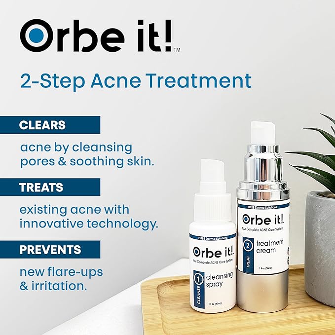 ORBE Derma Solutions Orbe It! 2-Step Acne Treatment – Clears, Treats & Prevents Acne & Helps Unclog Pores with 2% Salicylic Acid – Includes Cleansing Spray 1 oz & Treatment Cream 1 oz