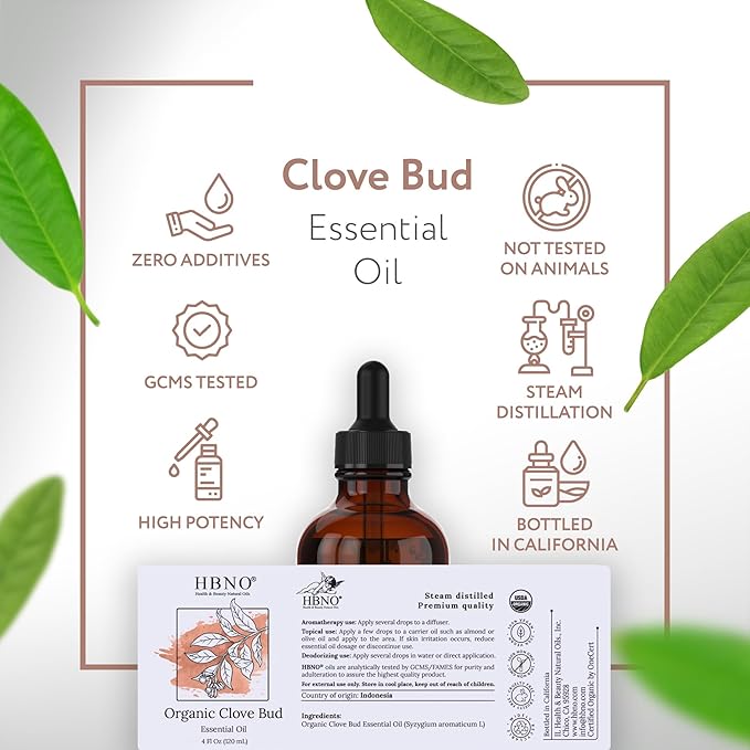 HBNO Organic Clove Bud Essential Oil - 4 oz (120ml) - USDA Certified Organic Clove Bud Essential Oil, Soap Making, DIY, Fragrances, Diffuser