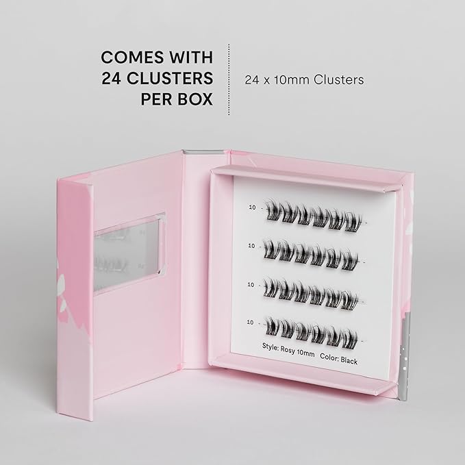 Silly George Single-Size Pop-On Lashes - DIY 1-Step Pre-Glued Faux Eyelash Cluster Kit, Natural Look Extensions, Pack of 24 Individual Clusters, Black - Rosy, 10mm