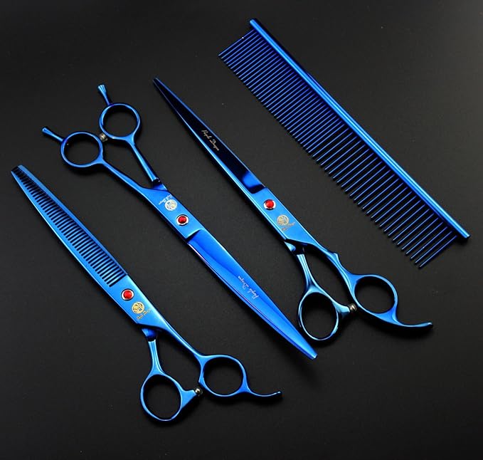 Purple Dragon 8 inch 3 in 1 Professional Pet Grooming Thinning Scissors - Upward Curved Shears and Dog Hair Cutting Scissor - Perfect for Pet Groomer or Family DIY Use (Blue)