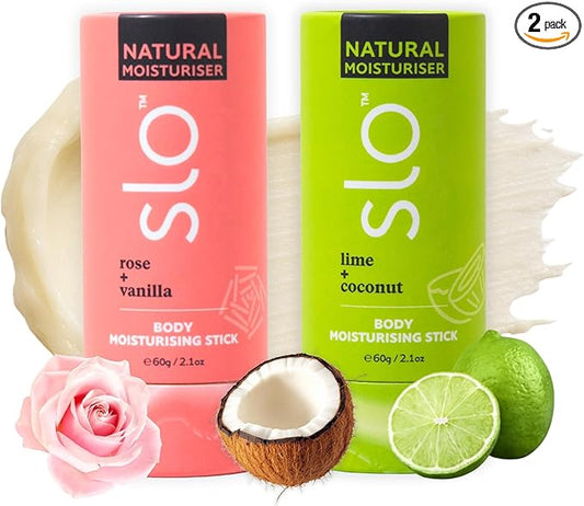 Slo Natural Moisturizing Stick | Body Balm with Organic Ingredients | Hydrating Nourishing | Coconut, Cocoa Butter & Antioxidants | Travel-Friendly | Rose Vanilla & Lime Coconut | 2set (2x2.1oz/60g)