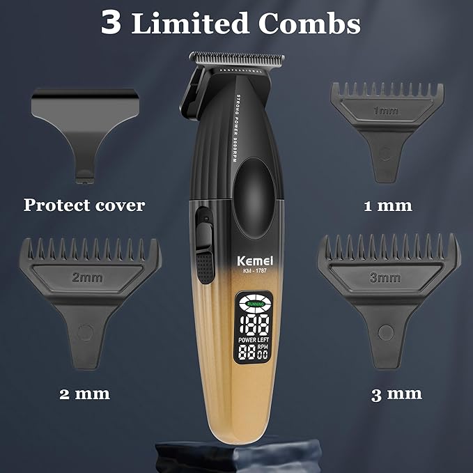 KEMEI 1787 Beard Trimmer for Men, Cordless Hair Trimmer with LED Display, 9000 RPM Hair Clippers for Barber with 2000 mAh Battery, DLC Coated T-Blade