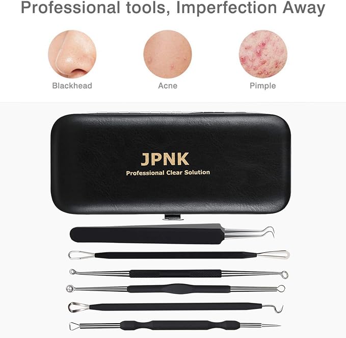 JPNK Blackhead Remover Tool Comedones Extractor Acne Removal Kit for Blemish, Whitehead Popping, 6 Pcs Zit Removing for Nose Face Tools with a Leather Bag (Black)