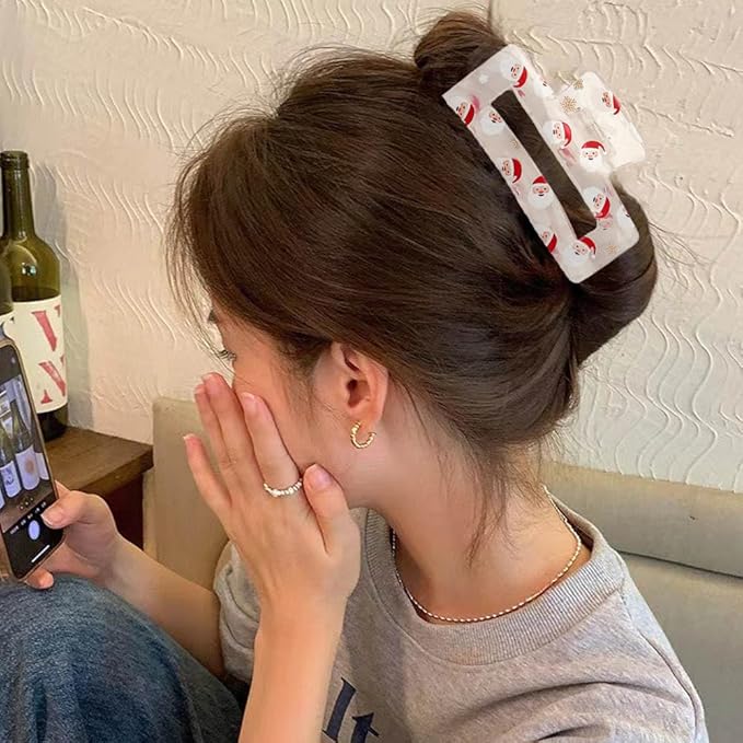 Christmas Hair Clips, Xmas Santa Claus Claw Clips, Rectangular Large Hair Claw Clips for Thick/Thin Hair, Transparent Father Christmas Design Medium Hairpin, Cute Hair Accessories