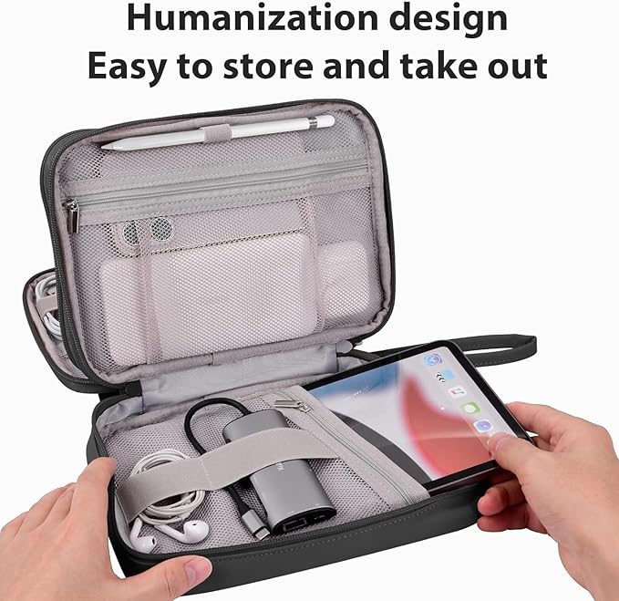 DDgro Travel Electronic Accessory Organizer for Keeping Cables Cords Chargers Phone Earphones SD Cards, Double Layers Storage Pouch Bag (Black, PU-Large)