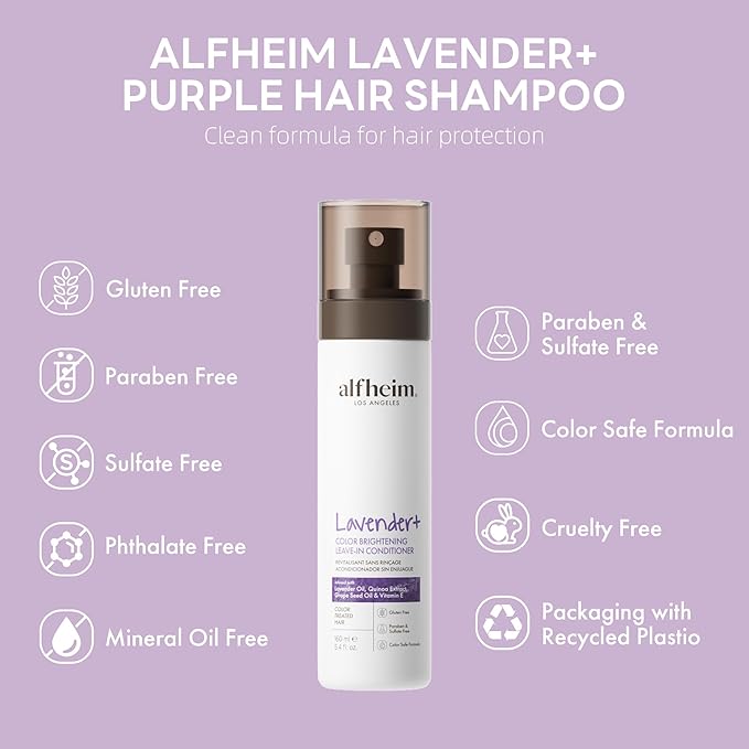 ALFHEIM Lavender+ Purple Leave-In Spray for Blonde, Silver & Color-Treated Hair – Anti-Brass Toning, Detangling & Heat Protection – with Quinoa Extract & Vitamin E – Sulfate Free – 5.4 oz / 160 ml