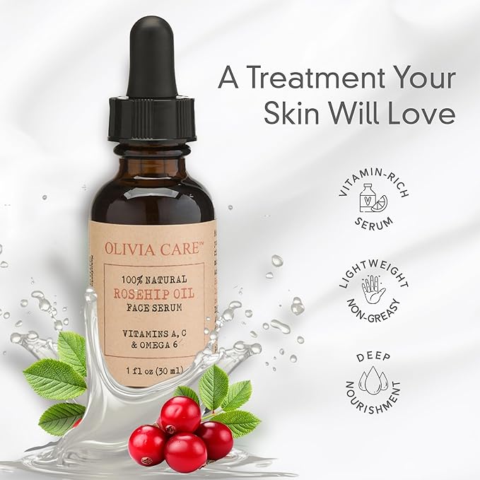 Rosehip Seed Oil Serum By Olivia Care Natural Moisturizer for Face, Body & Skin with Vitamins E, C, A & Omega 6, Perfect for Treating Wrinkles, Acne Scars, Sun Spots, Dark Circles & Anti-Aging - 1 OZ