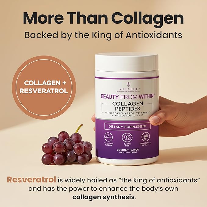 VITASEI Hydrolyzed Collagen Peptides Powder with Vitamin C & Resveratrol - Hair, Skin and Nails Vitamins for Women & Men - Bone and Joint Supplement - Coconut Flavored - 16 oz
