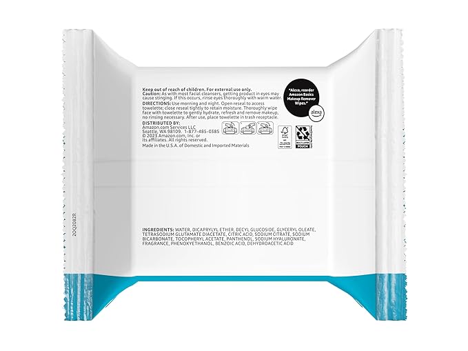 Amazon Basics Makeup Remover Wipes, Gentle Cleansing, Dermatologist Tested, Hydrating, Plant Based, Alcohol-Free, Removes Waterproof Mascara, 25 Count Per Pack, Pack of 6