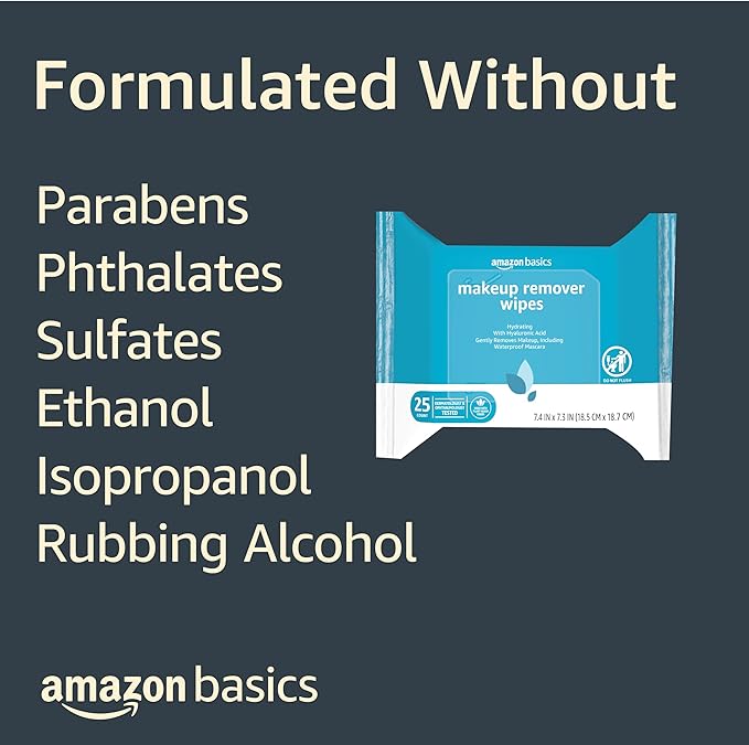 Amazon Basics Makeup Remover Wipes, Gentle Cleansing, Dermatologist Tested, Hydrating, Plant Based, Alcohol-Free, Removes Waterproof Mascara, 25 Count Per Pack, Pack of 6