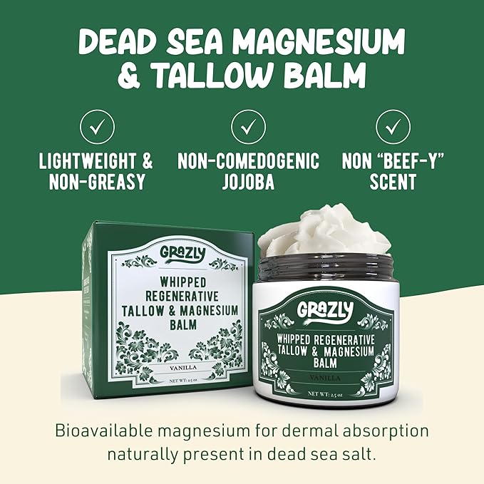 Whipped Beef Tallow for Skin w/Dead Sea Magnesium, Manuka Honey, Jojoba Oil & Vanilla - Grass Fed Beef Tallow Balm - Body & Face Moisturizer for Dry, Sensitive Skin - 2.5oz