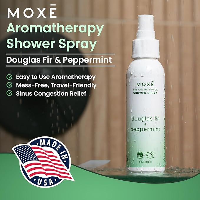 MOXE Aromatherapy Shower Spray - Douglas Fir & Peppermint, 100% Essential Oils, Made in USA, Aromatherapy, Sinus Congestion Relief, Respiratory Support, 4 Oz (1 Pack)