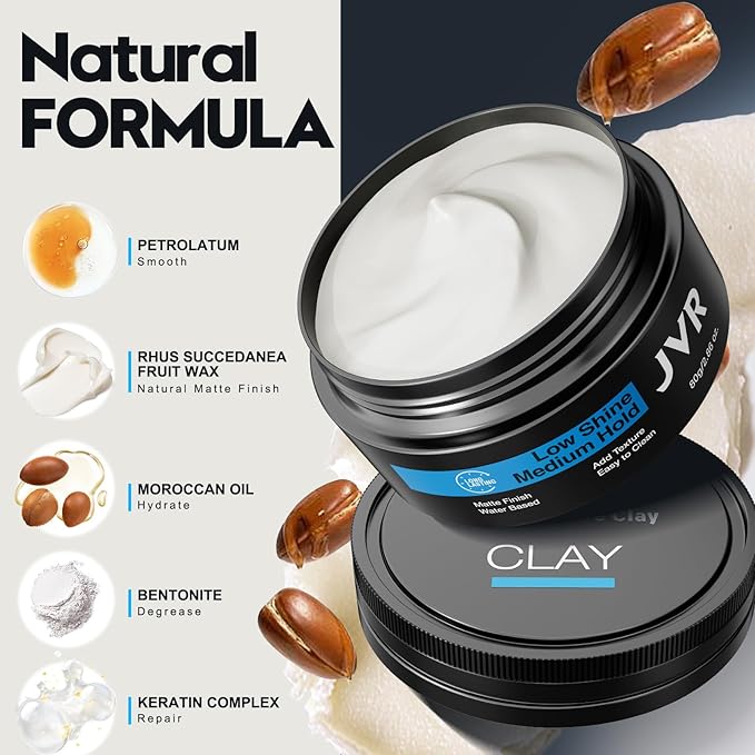 JVR Hair Clay for Men and Women, Medium Hold Matte Finish Texturizing Clay Hair Product Men with Natural and Organic Ingredients, Easy To Wash Out, For All Hairstyles Cream (2.86 oz)