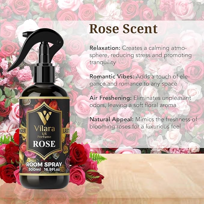Vilara US Room Spray Freshener – Long-Lasting Luxury Perfume Scent, Linen & Fabric Spray for Bedding, Furniture, Home & Bedroom Aromatherapy – 16.9 fl oz (Rose Pack 3)