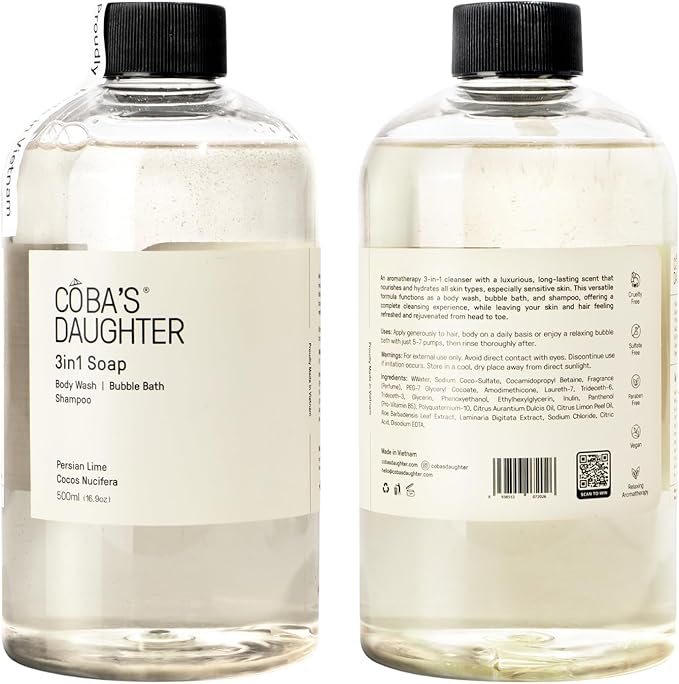 COBA'S DAUGHTER 3in1Soap Bubble Bath | Body Wash, Hand Wash| Cleanse, Nourish & Soften Skin with Inulin & Seaweed Extract | Persian Lime & Coconut Scent(16.9oz)