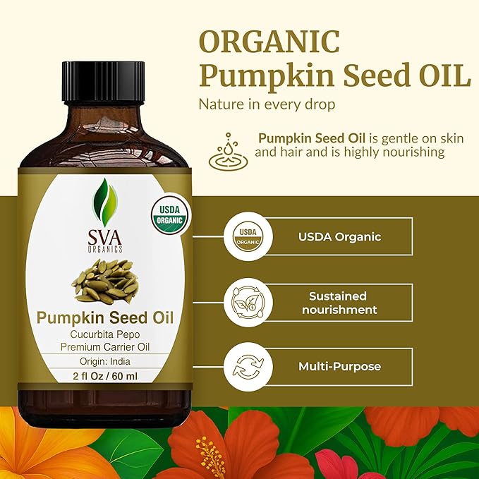 SVA Pumpkin Seed Oil Organic - 2 Fl Oz – 100% Natural Cold Pressed Pumpkin Seed Oil - for Face, Skin Care, Hair Care, Scalp Massage & Body Massage - with Dropper