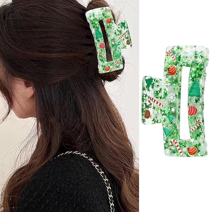 Christmas Hair Clips, Square Hair Claw Clips for Thick/Thin Hair, Green Glitter Snowflake Christmas Tree Design Medium Claw Clips, Strong Hold & Non-Slip Hair Styling Accessories for Xmas 1PCS
