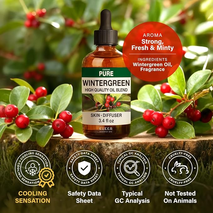KUKKA Wintergreen Essential Oils - 3.40 Fl Oz - for Hair, Skin, Diffuser, Aromatherapy & DIY Soap Making Scent