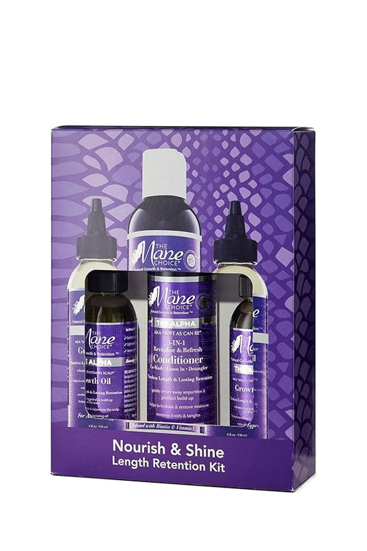 The Mane Choice Hair Care Nourish & Shine Length Retention Kit: 2 x 4 oz The Alpha Multi-Vitamin Scalp Nourishing Hair Growth Oil & 1 x 8 oz 3-in-1 Leave In Conditioner, Co-Wash & Detangler
