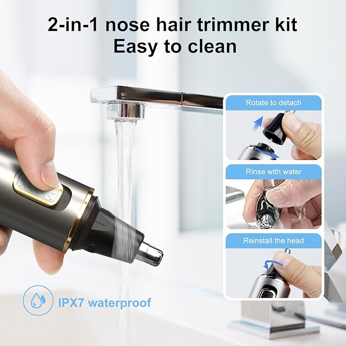 Nose Hair Trimmers for Men，Rechargeable Hair Trimmer 2 in 1 Painless Multifunctional Ear and Nose Hair Trimmer with IPX7 Waterproof Dual Edge Blades (Grey)
