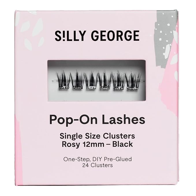Silly George Single-Size Pop-On Lashes - DIY 1-Step Pre-Glued Faux Eyelash Cluster Kit, Natural Look Extensions, Pack of 24 Individual Clusters, Black - Rosy, 12mm