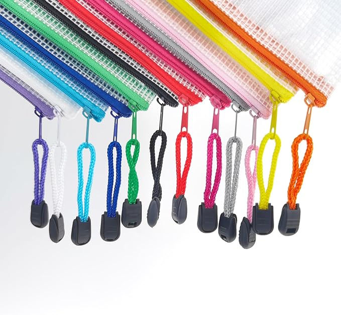 AUSTARK Plastic Mesh Zipper Pouch, 12Pcs Zipper File Bags with Label Pocket, Game Boards Storage Bags, Waterproof Document Storage Bags for Office Home Travel (Receipt Size 9.2x4.1 in)