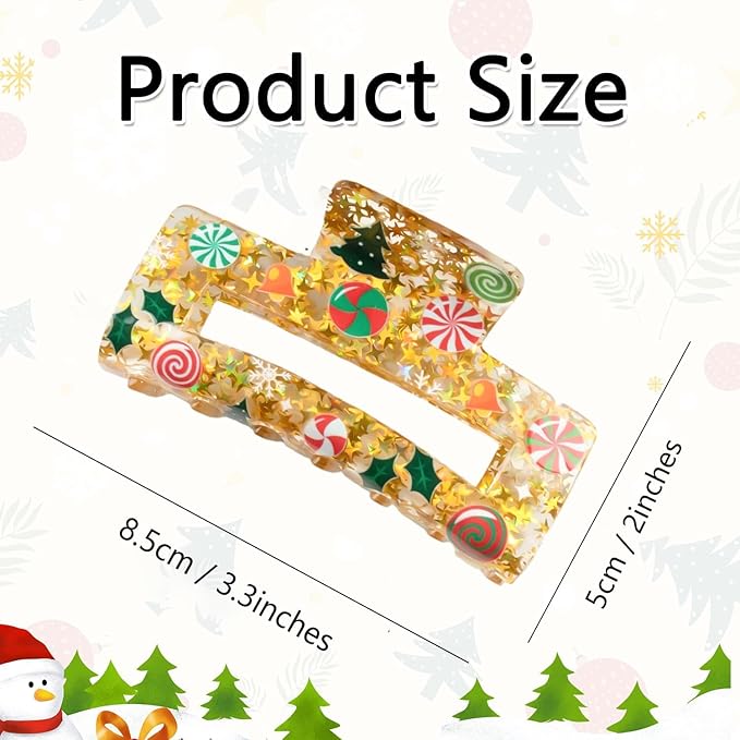Christmas Hair Clips, Square Hair Claw Clips for Thick/Thin Hair, Yellow Glitter Cane Candy Christmas Tree Design Medium Claw Clips, Strong Hold & Non-Slip Hair Styling Accessories for Xmas 1PCS