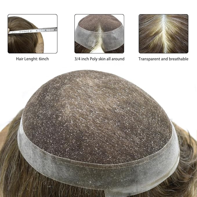 Mens Toupee Human Hair Piece French Lace Toupee for Man Hair System Indian Human Hair Replacement Systems V-Looped PU Front Hairpieces 8"X10" #550 5# MEDIUM LIGHT BROWN WITH 50% SYNTHETIC GREY