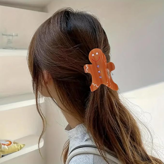 1pc Gingerbread Man Hair Clip, Xmas Acetic Acid Claw Clips, Large Hair Claw Clips for Thick/Thin Hair, Cute Brown Gingerbread Design Medium Hairpin, Sparkling Hair Accessories for Christmas Decor